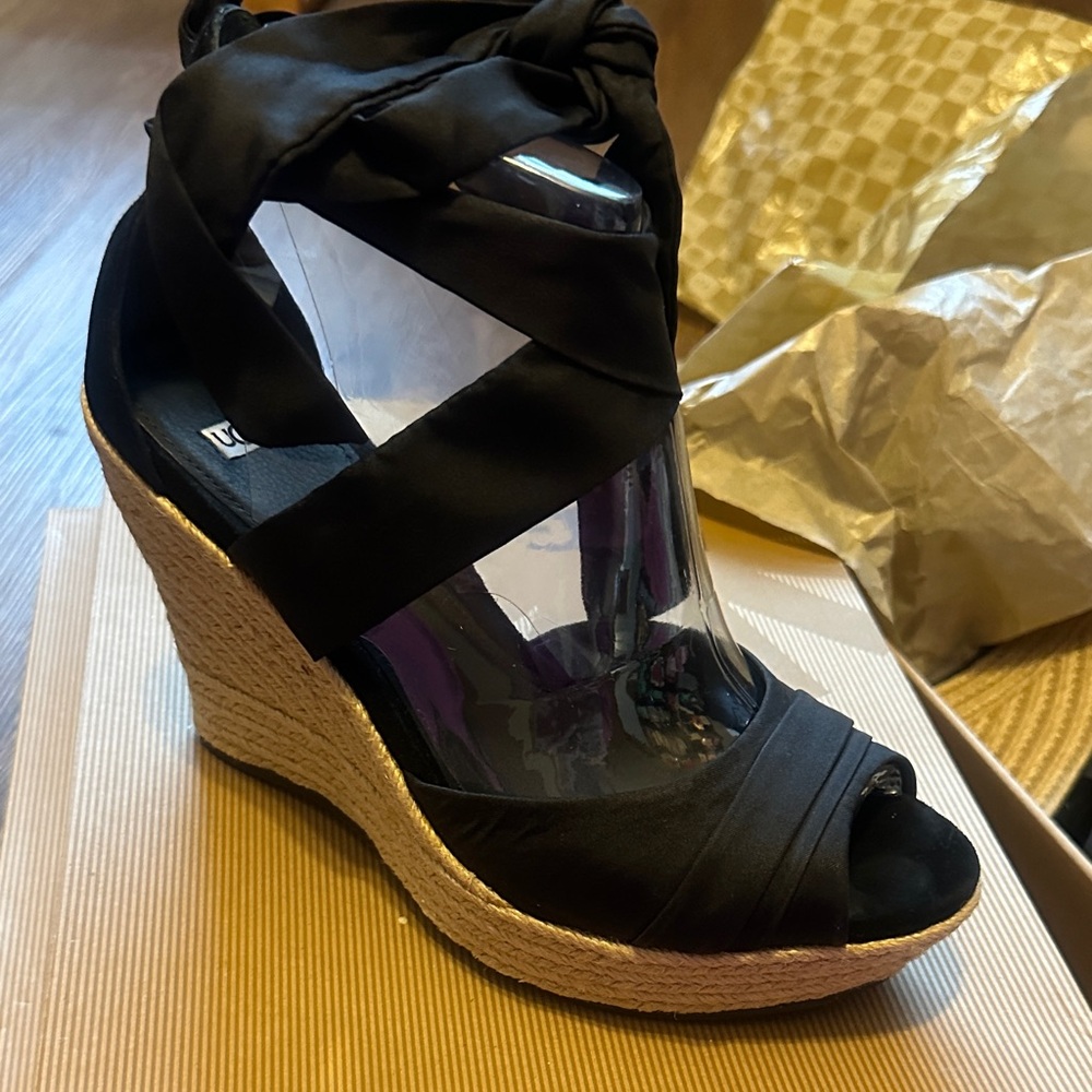 UGG Black Espadrille Wedge Sandals with Wrap Straps
